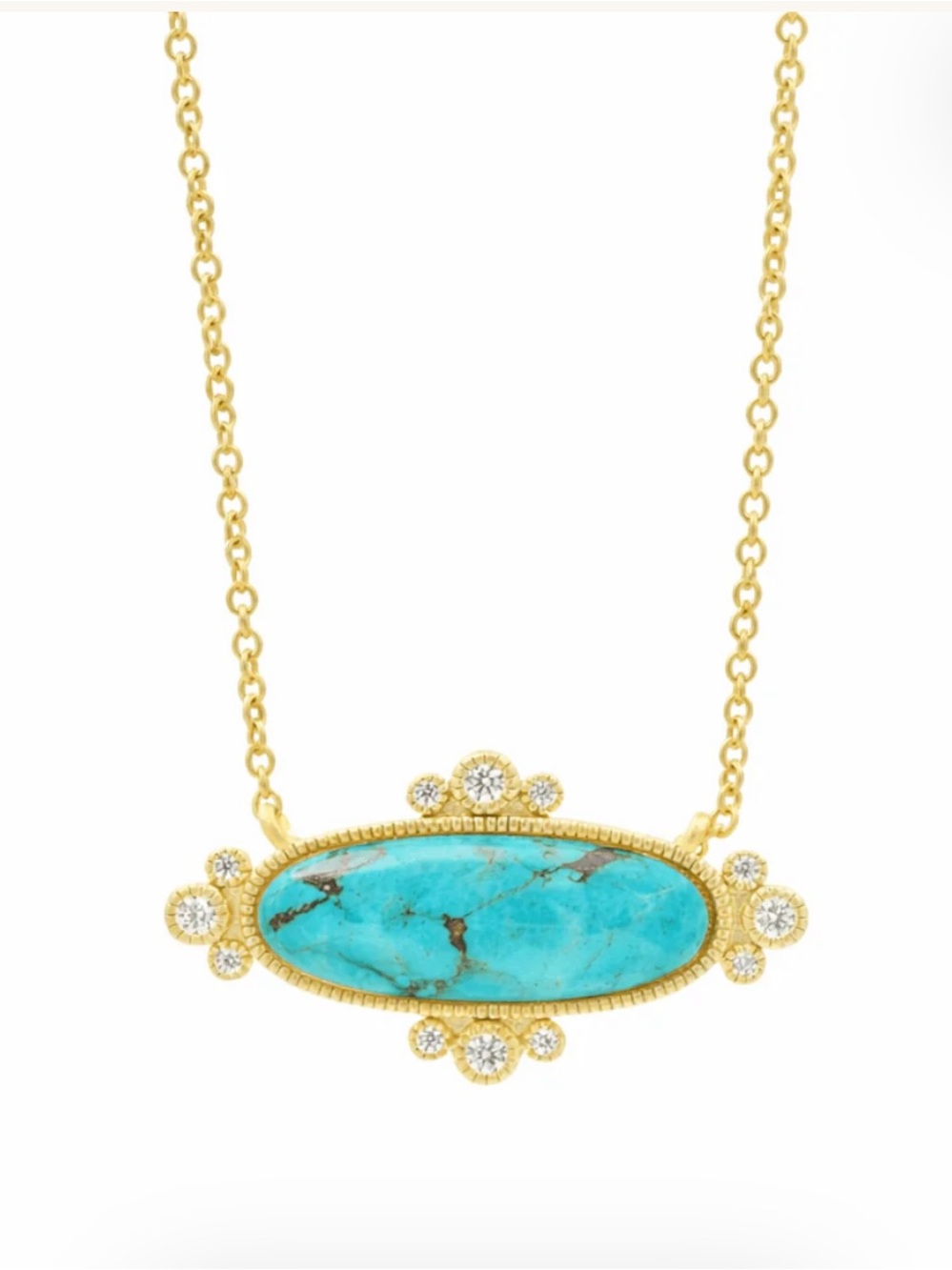 Gold Necklace with Oval Turquoise Pendant and Halo Accents